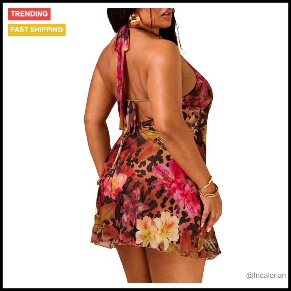 Y2K Cheetah Print Mesh Mini Dress Halter Neck Sleeveless Going Out